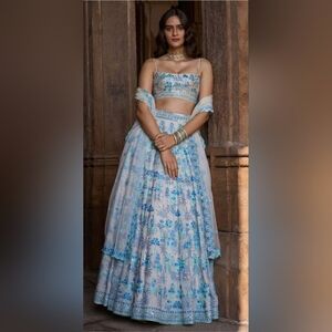 Blue / Grey Sequin And Thread Embroidered Faux Georgette Lehenga Choli